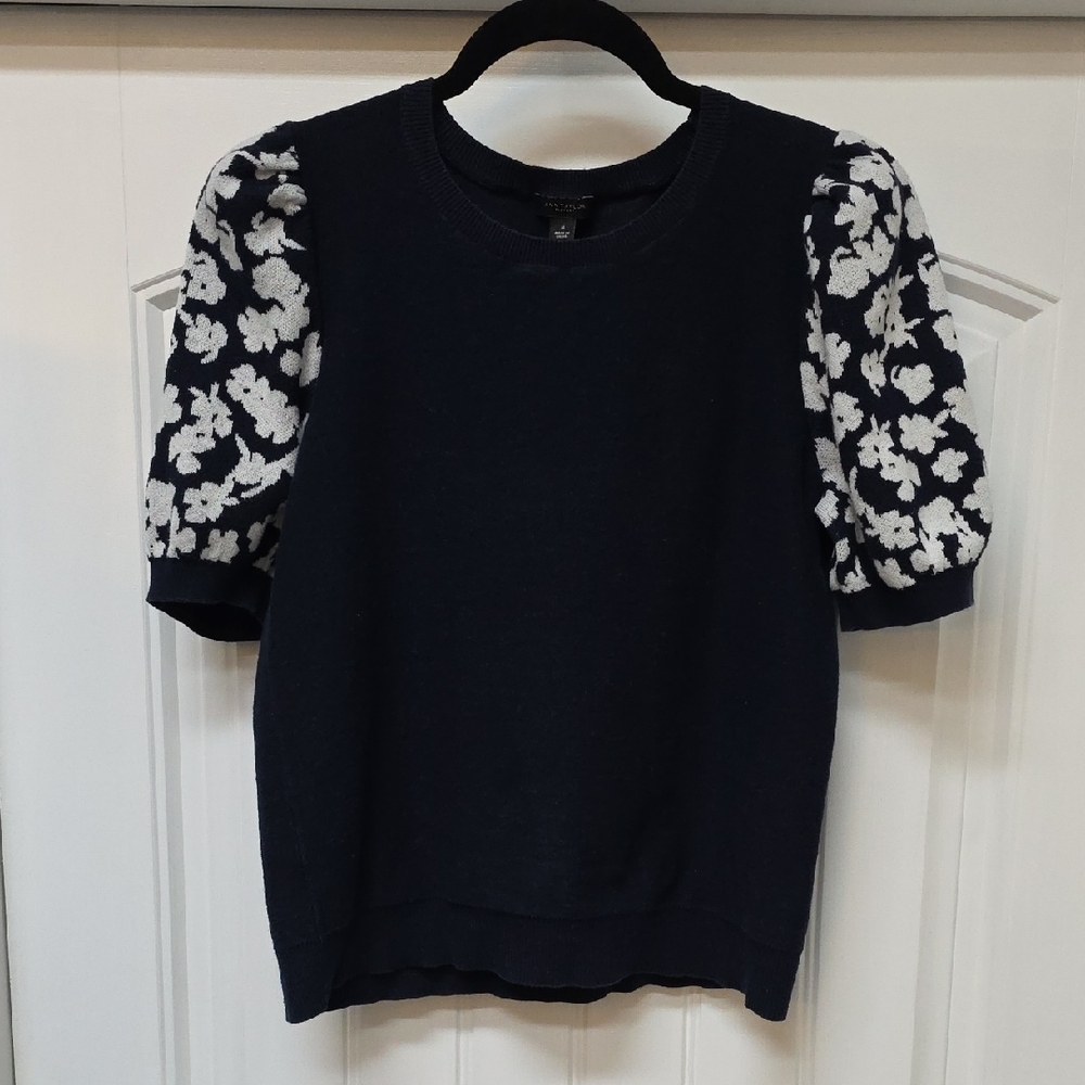 Ann Taylor Factory Navy Top with White Floral Sleeves - Sz M